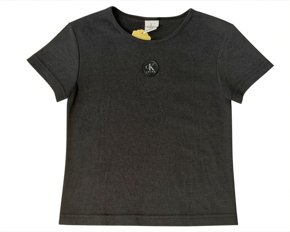 Calvin Klein Jean Sz M Vtg 90s Baby Tee T-Shirt CK Logo Patch Charcoal Gray Knit